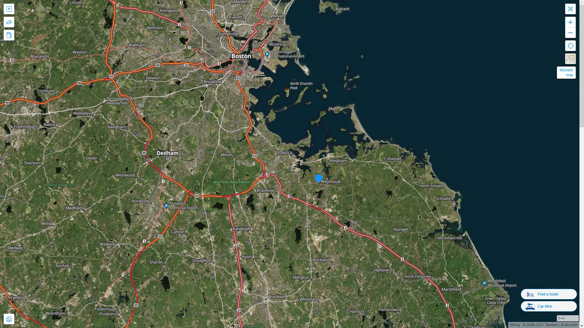 Weymouth Town Massachusetts Highway and Road Map with Satellite View